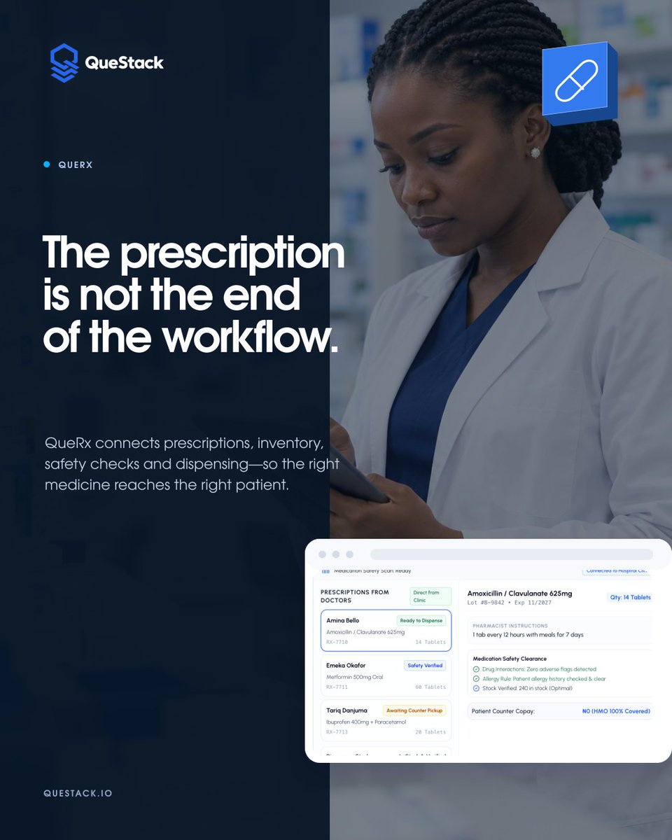 questackio's tweet photo. The prescription is not the end of the workflow. QueRx brings prescriptions, inventory and dispensing into the medication operations conversation, within the wider QueStack ecosystem.

Explore QueRx at https://t.co/Q8tVYm7dG4 

#QueStack #EMR #EHR #Healthcare #HealthTech https://t.co/nkhBc3Kbry