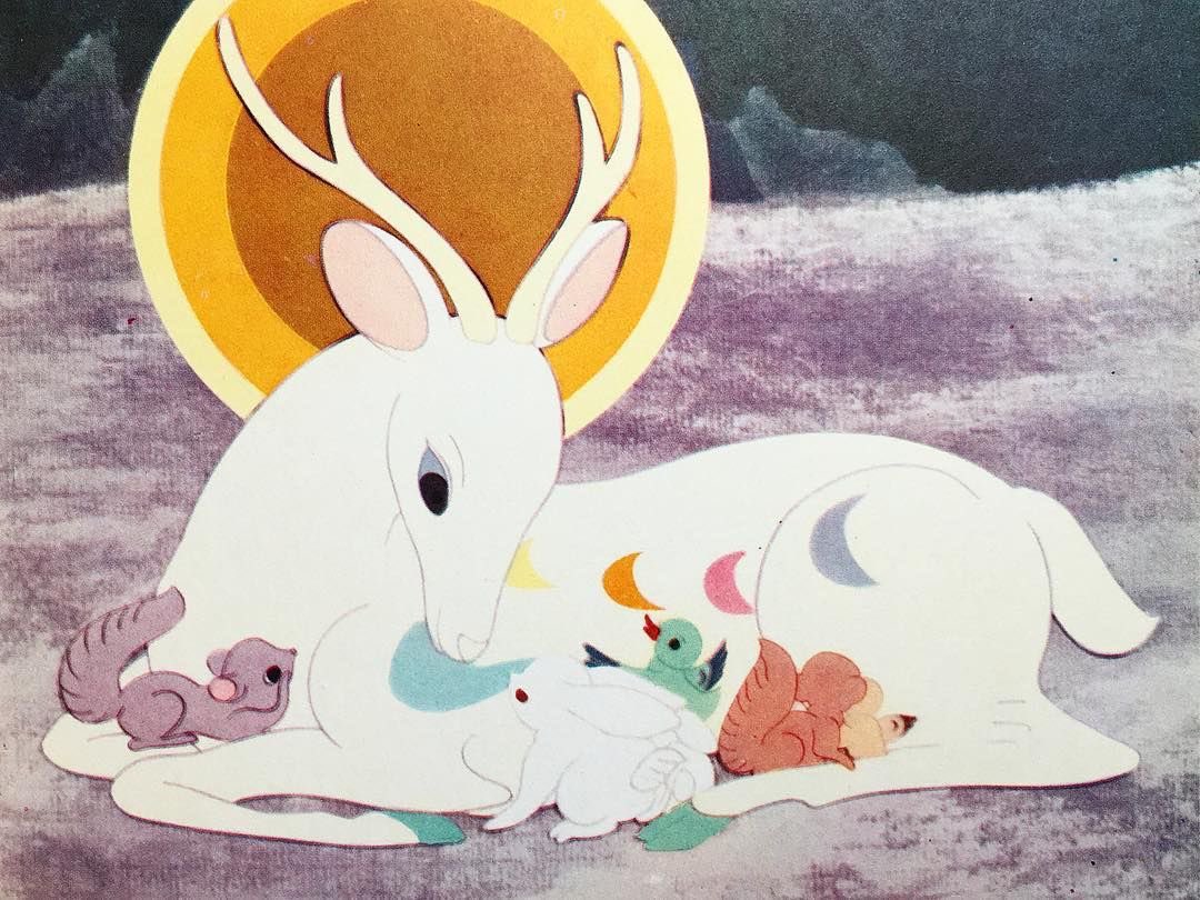 BluebellRaven's tweet photo. A Deer of Nine Colors is a classic 1981 Chinese animated short film produced by the Shanghai Animation Film Studio. Co-directed by Qian Jiajun and Dai Tielang, it is directly adapted from ancient Buddhist Jataka cave murals found inside Cave 257 of the Mogao Caves in Dunhuang. 

The story follows a mystical, compassionate nine-colored deer deity that saves a drowning snake charmer from a turbulent river. In exchange, the man vows to keep the creature's forest sanctuary a secret. 

However, blinded by greed when the local queen demands a coat made of the deer's rare fur, the man breaks his promise and leads the royal army to hunt it down. 

Confronted by the betrayal, the divine deer manifests its power, turning the flying arrows into dust. The ungrateful man drowns, while the king bans any future hunting of the deer.