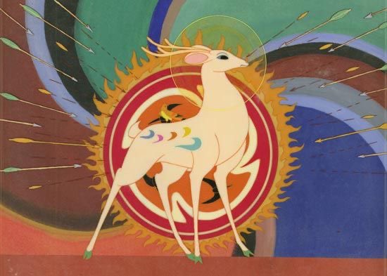 BluebellRaven's tweet photo. A Deer of Nine Colors is a classic 1981 Chinese animated short film produced by the Shanghai Animation Film Studio. Co-directed by Qian Jiajun and Dai Tielang, it is directly adapted from ancient Buddhist Jataka cave murals found inside Cave 257 of the Mogao Caves in Dunhuang. 

The story follows a mystical, compassionate nine-colored deer deity that saves a drowning snake charmer from a turbulent river. In exchange, the man vows to keep the creature's forest sanctuary a secret. 

However, blinded by greed when the local queen demands a coat made of the deer's rare fur, the man breaks his promise and leads the royal army to hunt it down. 

Confronted by the betrayal, the divine deer manifests its power, turning the flying arrows into dust. The ungrateful man drowns, while the king bans any future hunting of the deer.