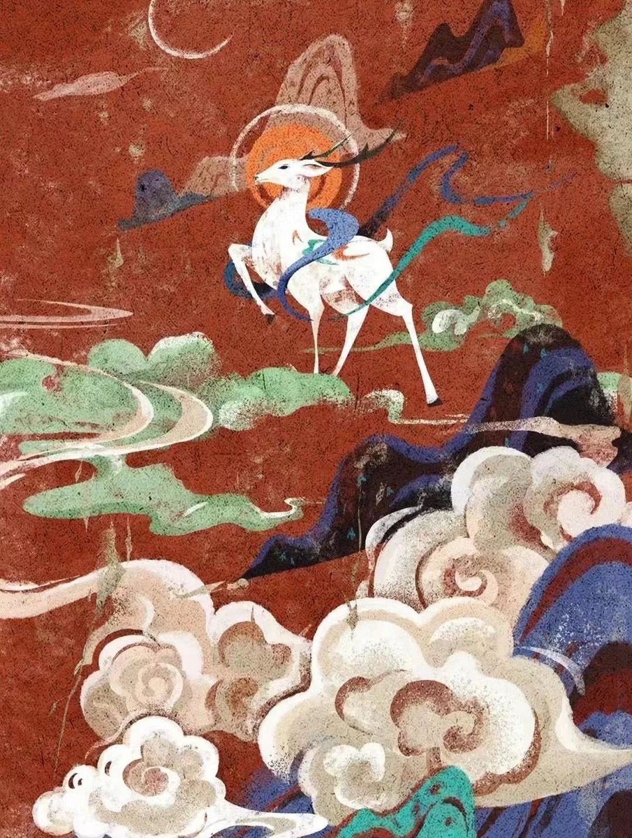 BluebellRaven's tweet photo. A Deer of Nine Colors is a classic 1981 Chinese animated short film produced by the Shanghai Animation Film Studio. Co-directed by Qian Jiajun and Dai Tielang, it is directly adapted from ancient Buddhist Jataka cave murals found inside Cave 257 of the Mogao Caves in Dunhuang. 

The story follows a mystical, compassionate nine-colored deer deity that saves a drowning snake charmer from a turbulent river. In exchange, the man vows to keep the creature's forest sanctuary a secret. 

However, blinded by greed when the local queen demands a coat made of the deer's rare fur, the man breaks his promise and leads the royal army to hunt it down. 

Confronted by the betrayal, the divine deer manifests its power, turning the flying arrows into dust. The ungrateful man drowns, while the king bans any future hunting of the deer.