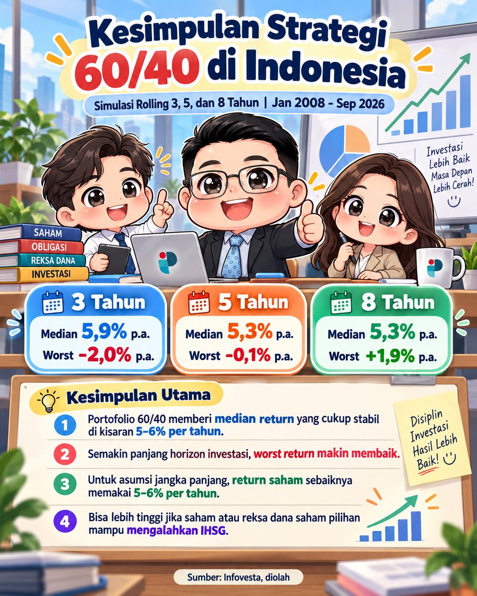Berdasarkan data di atas, kesimpulan saya
1. Portofolio investasi 60 / 40 TIDAK BISA mengangkat ret...
