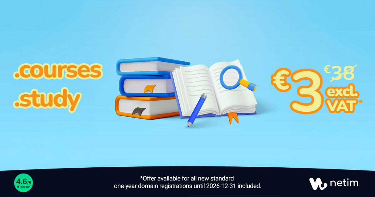 Netim_com's tweet photo. 📚 The .COURSES and .STUDY extensions are now available for registration!

Training, e-learning, coaching, school... Make your #DomainName  meaningful! 💡

📧 1 email address included

👇 Check availability
🔸.COURSES: https://t.co/hPpUftI169

🔸 .STUDY: https://t.co/BrIkTxeHmw

#elearning #coaching #training #courses #study #school