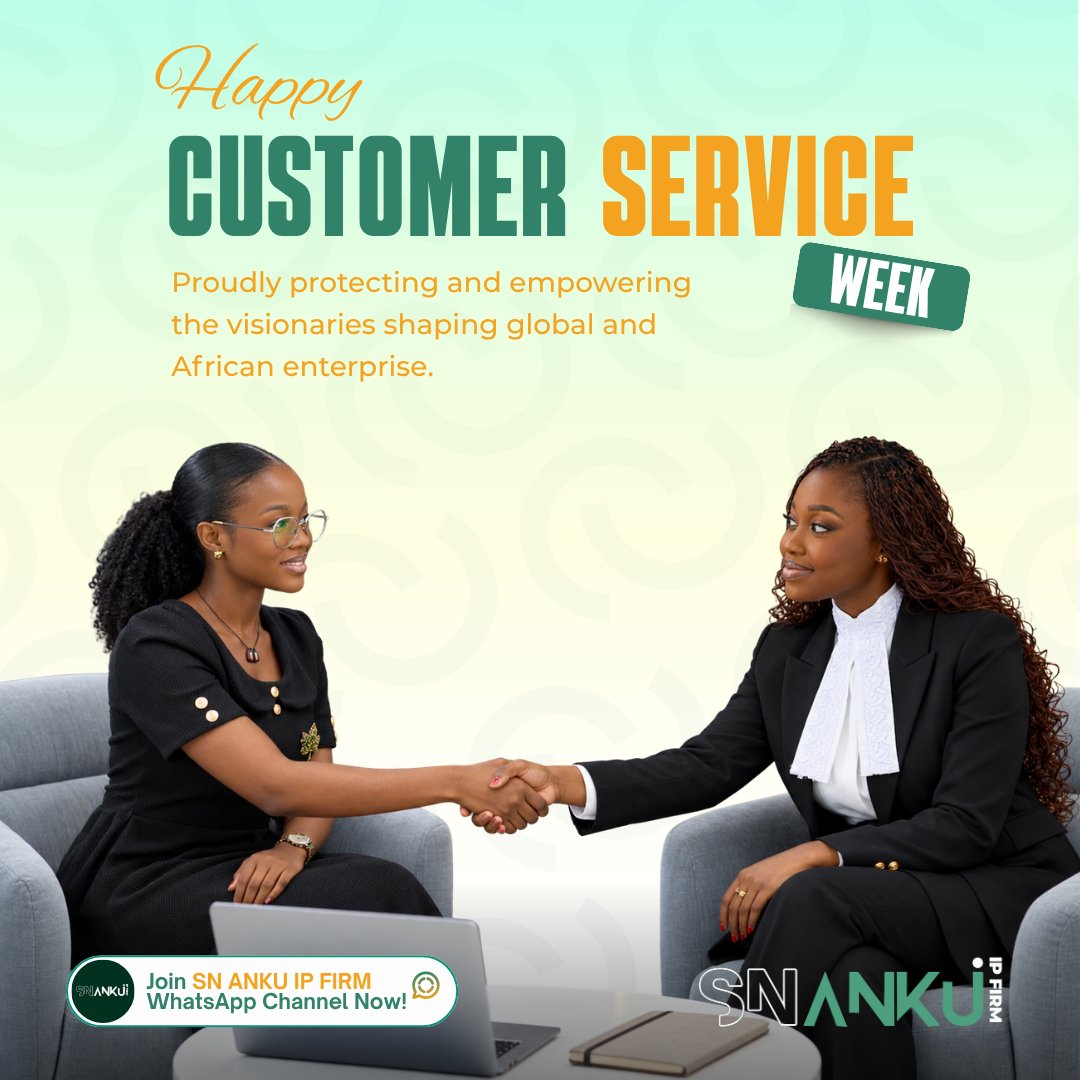 snanku_ipfirm's tweet photo. Customer Service Week!

Thank you to our clients, partners and colleagues for trusting us to protect what matters most: your ideas, brands and innovations.

We remain committed to responsive, strategic IP support across Africa and globally.

#SNAnkuIPFirm https://t.co/TIXW5phDdX