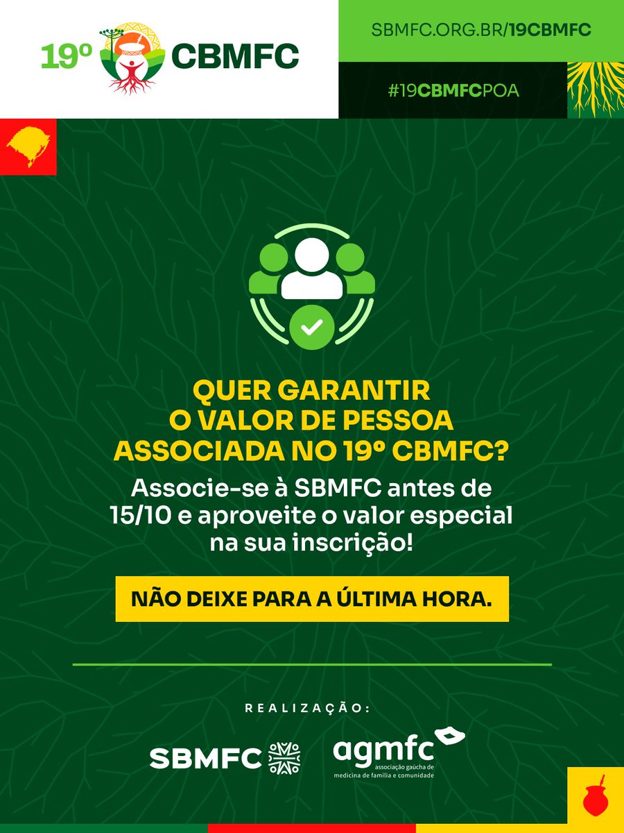 sbmfc's tweet photo. A virada de lote do 19º CBMFC está chegando e este é o momento de garantir sua associação à SBMFC!

Para ter direito ao valor especial de pessoa associada na inscrição do congresso, é necessário que sua associação, que não é feita de forma automática, esteja aprovada. 
+ https://t.co/qd6SHI8KYk
