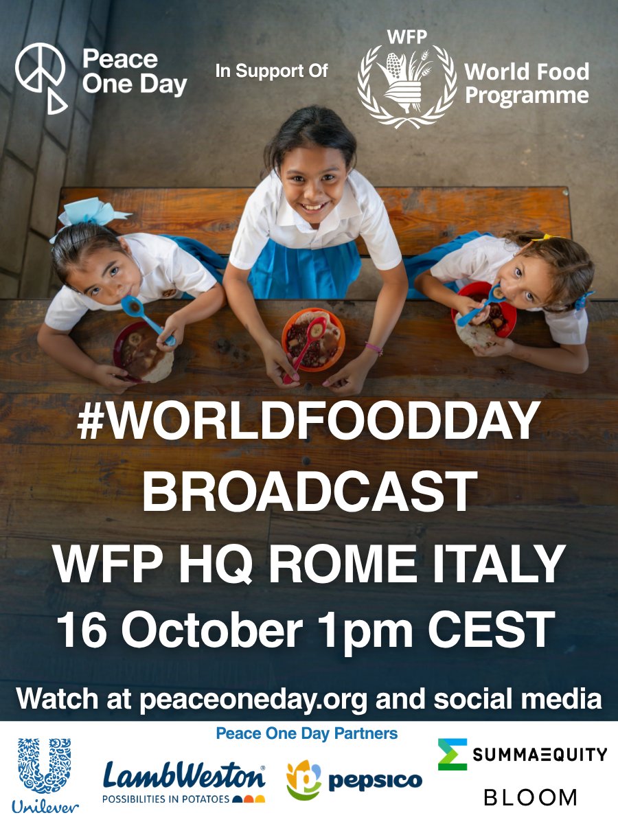 PeaceOneDay's tweet photo. Peace One Day is proud to announce #WORLDFOODDAY in support of the World Food Programme. Broadcasting on the 16th of October, World Food Day.

For more announcements and to watch the broadcast, follow our social media or visit https://t.co/XXfTsP1Umy

Join the World Food Day https://t.co/ljGLhRSZlZ