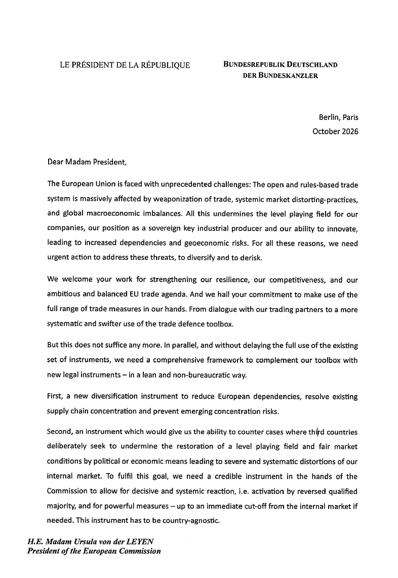 fbermingham's tweet photo. 💥Boom - it's ready, the joint Franco-German paper / letter to VDL on China. 

Berlin &amp; Paris - previously at polar opposite ends of the scale on China policy - now want a kill switch to cut China out of the EU market. This would have been unfathomable a few short months ago 🤯 https://t.co/rYo5k6iPJg