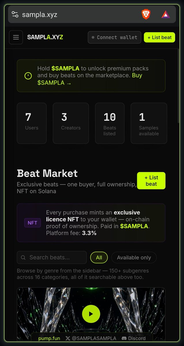 SAMPLASAMPLA's tweet photo. https://t.co/RDajqDMN7v just got a major upgrade

Mobile is finally first-class - connect @phantom / @solflare , upload, buy and download beats straight from your phone, no desktop needed

solana:SKRbvo6Gf7GondiT3BbTfuRDPqLWei4j2Qy2NPGZhW3 is now a payment option alongside $SAMPLA, with fee discounts for @solanamobile verified wallets

'Stock Beats' dropped - non-exclusive licenses for ads, @tiktok_us and content creators, buy instantly, never sold out

Fresh look across the whole site too

The beatmaker's marketplace on @solana just got real