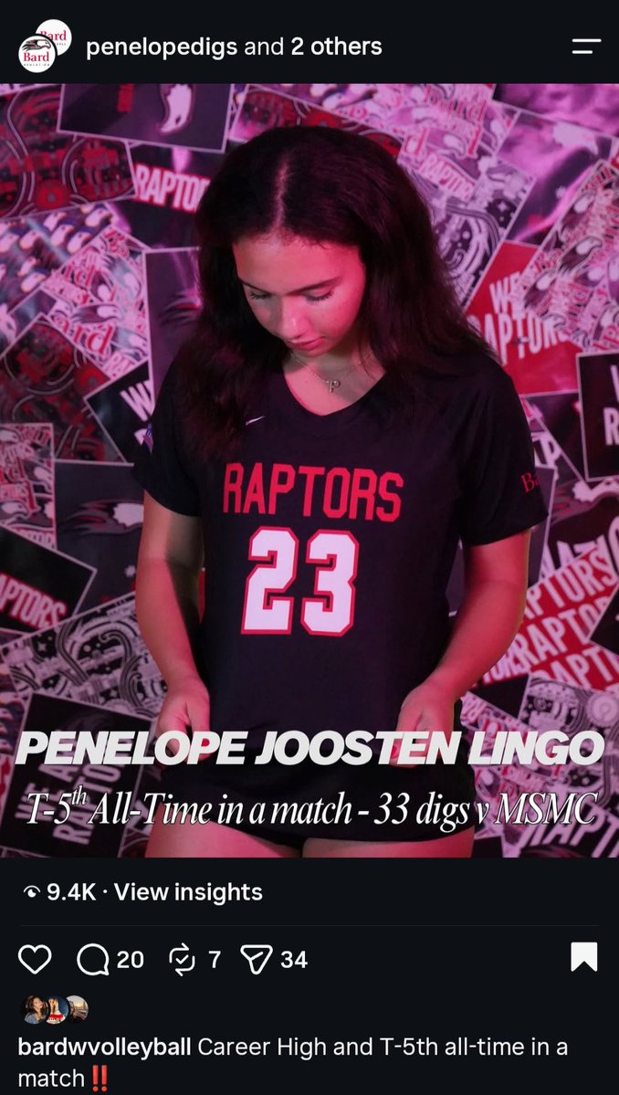 PenelopeDigs's tweet photo. Penelope Joosten Lingo etched her name into the record books.  She makes history with a career-high 33 digs, ten more than her previous high of 23, tied-5th all-time in a match in  @BardVolleyball history.

https://t.co/ZKxaggAjvU https://t.co/m2mQVoaxhk