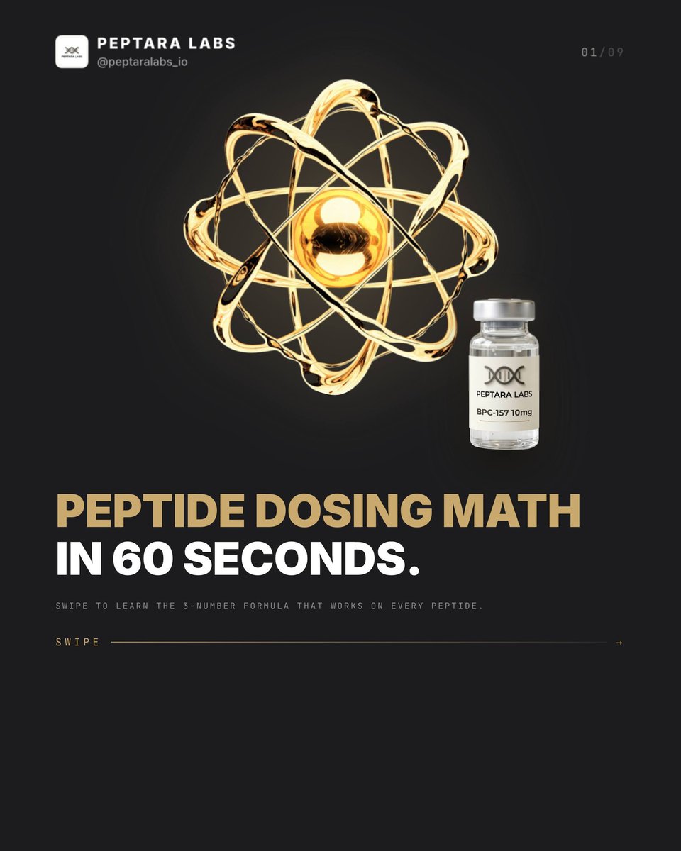 lu_cf_'s tweet photo. Peptide dosing math in 60 seconds: Convert vial mg to mcg first. Then: dose mcg ÷ vial mcg × water mL × 100 = U100 syringe units. Mixing mg and mcg causes 1, 000x errors. Educational only, not medical advice. https://t.co/NUI2MpL6xj