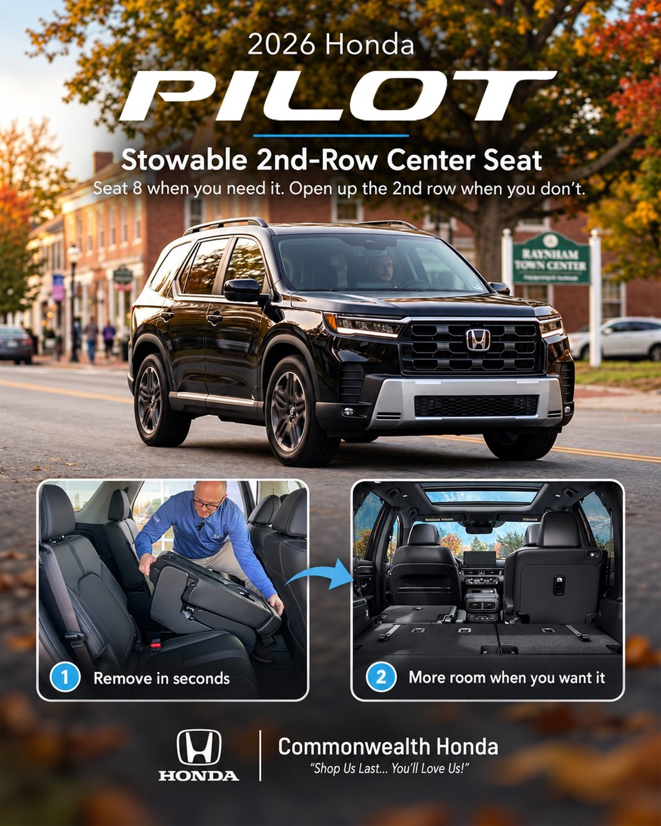 shopuslast's tweet photo. Need seating for 8 but want flexibility too?
The 2026 Honda Pilot gives you a stowable 2nd-row center seat, so you can keep room for more passengers or open up the second row in seconds when you want extra space.
https://t.co/8pd4WQxTmG
#HondaPilot #Honda #Pilot #ThreeRowSUV https://t.co/Qv1SWSosUk