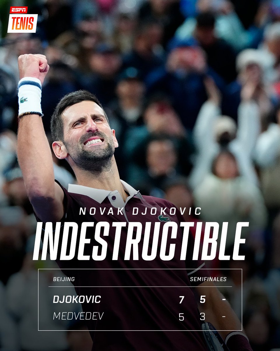ESPNtenis's tweet photo. 💥 ¡33-0 PARA DJOKOVIC EN #BEIJING!

El serbio avanzó a la final del torneo tras la descalificación de Medvedev cuando estaba 7-5 y 5-3 tras haberle pegado a una pelota que desafortunadamente impactó en un aficionado.

🔝 De Miñaur será su rival en la final. https://t.co/sQRqoZ0nto