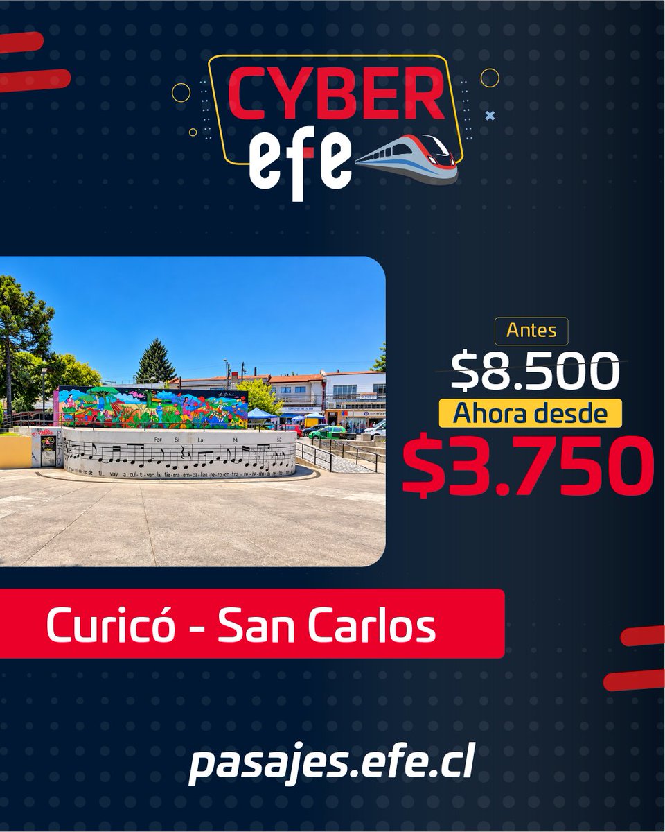 EFE_Chillan's tweet photo. 🚆✨ ¡Cyber EFE sigue con panoramas para disfrutar!
Revisa las experiencias disponibles y encuentra tu próxima escapada.
🔗 https://t.co/wiVXkomWRv https://t.co/LGNt0ZS4sK