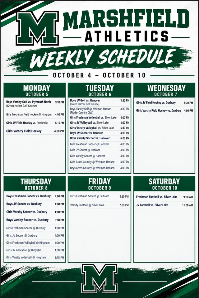 GORAMSathletics's tweet photo. This weeks Schedule for Marshfield Athletics! https://t.co/MGEistJbQ7