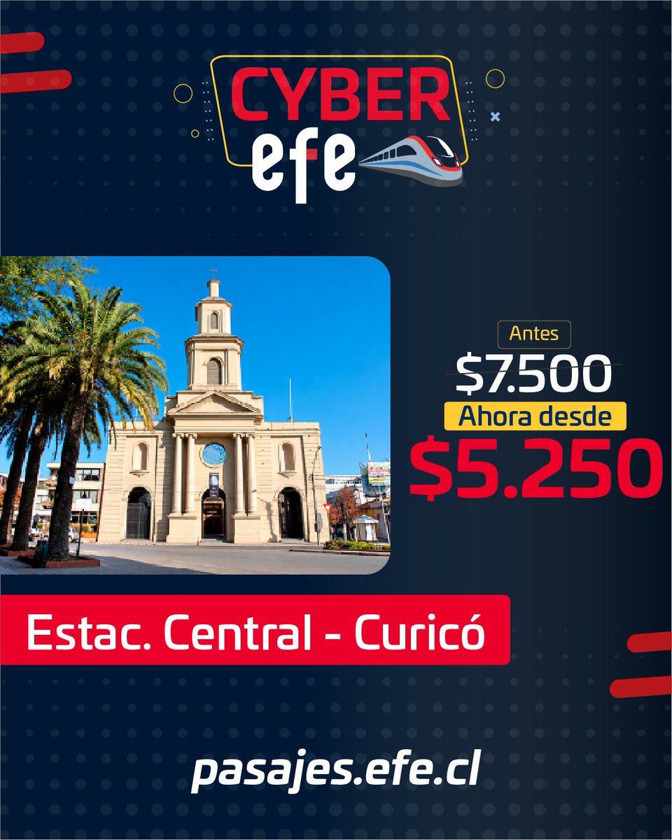 EFE_Chillan's tweet photo. 🚆✨ ¡Cyber EFE sigue con panoramas para disfrutar!
Revisa las experiencias disponibles y encuentra tu próxima escapada.
🔗 https://t.co/wiVXkomWRv https://t.co/LGNt0ZS4sK