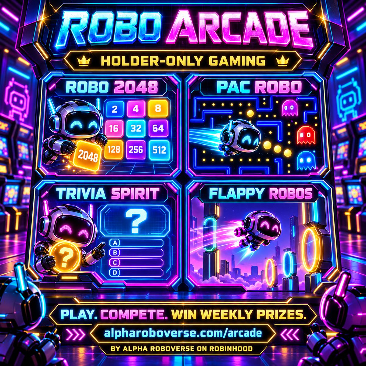 AlphaRoboverse's tweet photo. ROBO ARCADE LAUNCHES TODAY AT 5:00 PM UTC.

A holder-only gaming hub built exclusively for the Alpha Roboverse community on Robinhood Chain.

The first Robo Arcade season includes:

• Robo 2048
• Pac Robo
• Trivia Spirit
• Flappy Robos

Connect the wallet that holds your Alpha Robo, select the Robo you want to play with, and enter every game with the same Arcade Pass.

Each Robo ID receives three ranked attempts per game, every day. Your best performance in each game determines your rank, and points earned across all four games are combined into one collective weekly leaderboard.

Play with every Robo you own, but each wallet receives only one official position per game, based on its best Robo result.

Weekly prizes:

• Top 5 share $50 in cash prizes
• Top 10 receive one Alpha Robo NFT each

The first ranked season begins today at 5:00 AM UTC. Weekly standings will close and reset every Monday at 5:00 AM UTC.

Choose your Robo. Enter the Arcade. Climb the leaderboard.

https://t.co/JnC9ZfeuL9