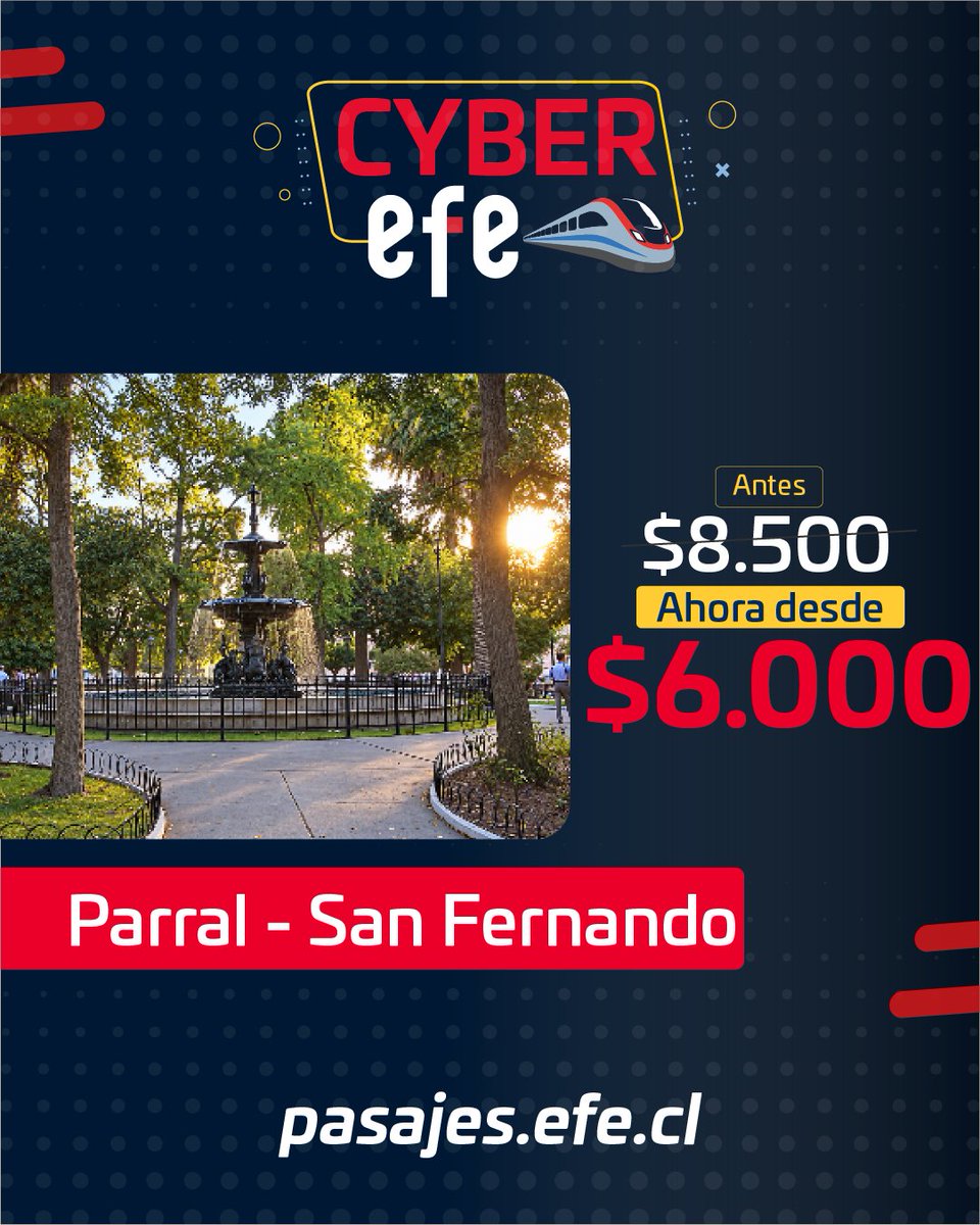 EFE_Chillan's tweet photo. 🚆✨ ¡Cyber EFE sigue con panoramas para disfrutar!
Revisa las experiencias disponibles y encuentra tu próxima escapada.
🔗 https://t.co/wiVXkomWRv https://t.co/LGNt0ZS4sK
