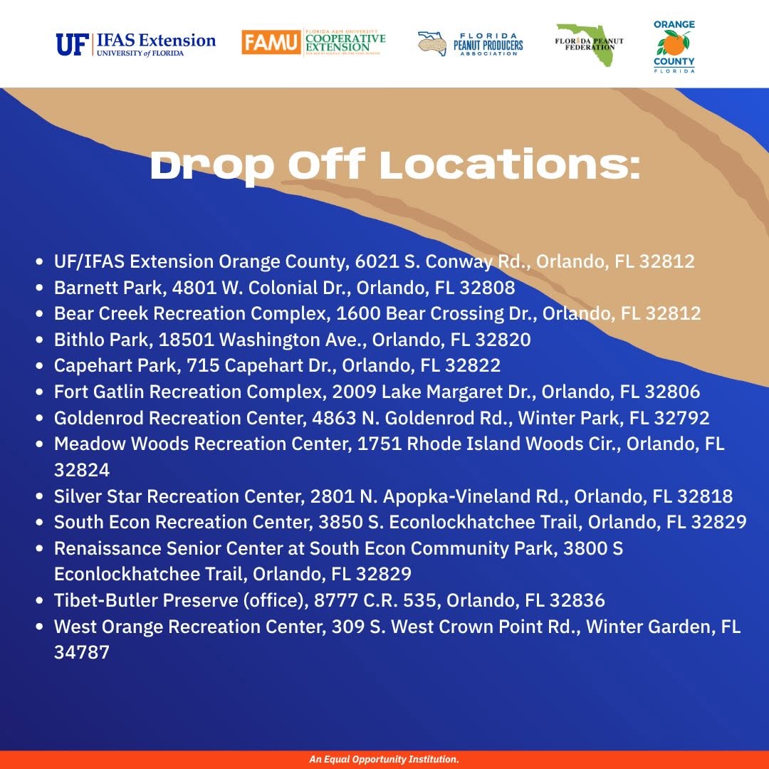 OrangeCoFL's tweet photo. UF/IFAS Extension Orange County's Peanut Butter Challenge returns! In a nutshell, we're collecting fresh, unopened jars of peanut butter all month long to provide food security to our neighbors in need this holiday season. Drop-off locations in the image! https://t.co/OcDozAxrGw