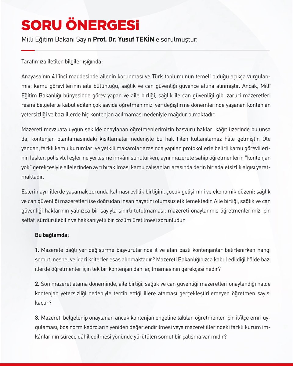 mehmetkaramansp's tweet photo. Mazereti Bakanlıkça onaylandığı halde kontenjan yetersizliği nedeniyle ailelerinden ayrı bırakılan öğretmenlerimizin mağduriyeti devam ediyor!   

Diğer kamu personellerine tanınan eş durumu haklarının öğretmenlerden esirgenmesi derin bir adaletsizlik oluşturmaktadır.

Öğretmenlerimizin sesini duyurmak ve haklı taleplerini Meclis gündemine taşımak için Milli Eğitim Bakanı Sayın Yusuf Tekin’e soru önergesi sunduk.