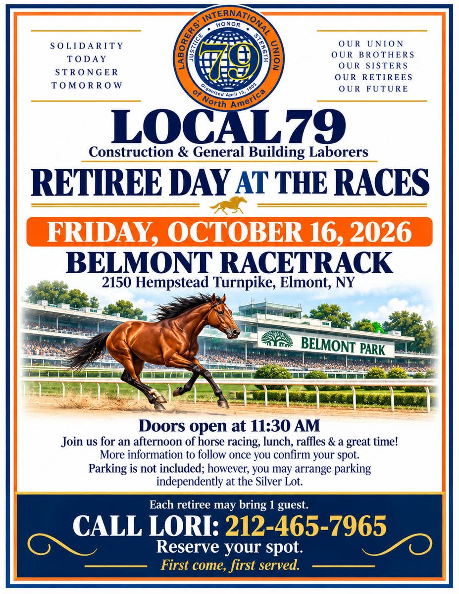 local79nyc's tweet photo. Retirees, join us for an afternoon at the races on Oct 16! 

Contact Lori at 212-465-7965 for details https://t.co/YqEUEEA7Gs