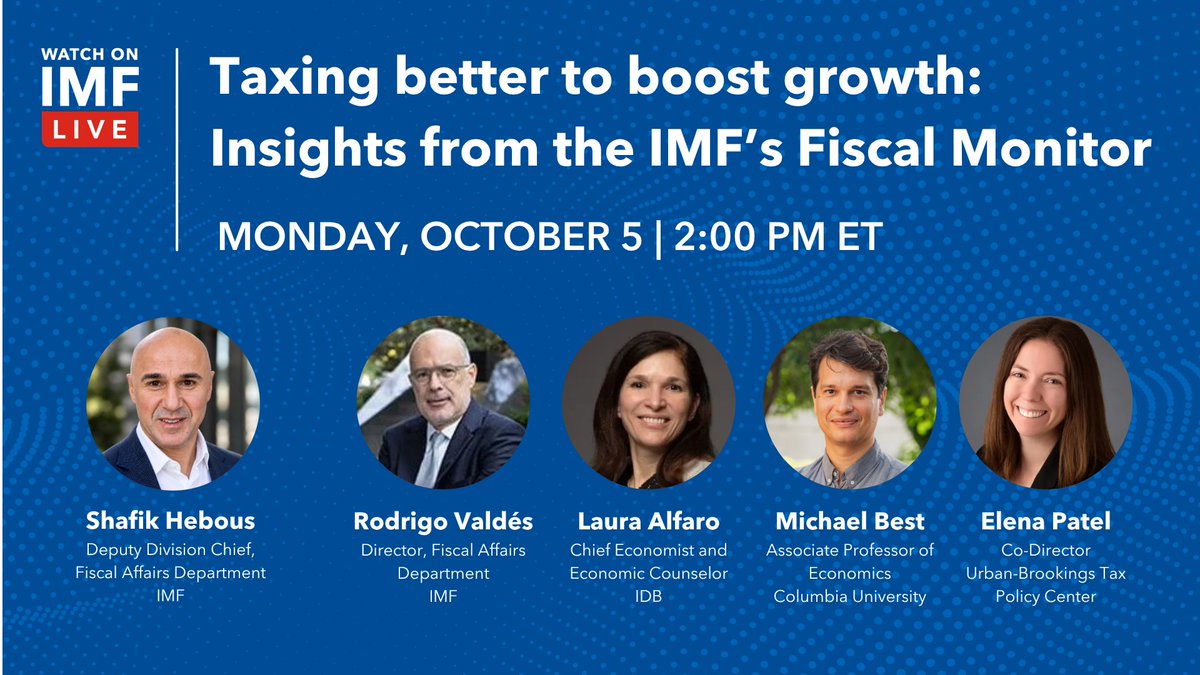 IMFNews's tweet photo. COMING UP at 2:00 PM ET: Join the IMF and @BrookingsInst for the launch of “Taxing Better to Boost Growth,” the latest Fiscal Monitor analytical chapter. Watch live:  https://t.co/prV7YISfX5 https://t.co/aHrqrW39kw