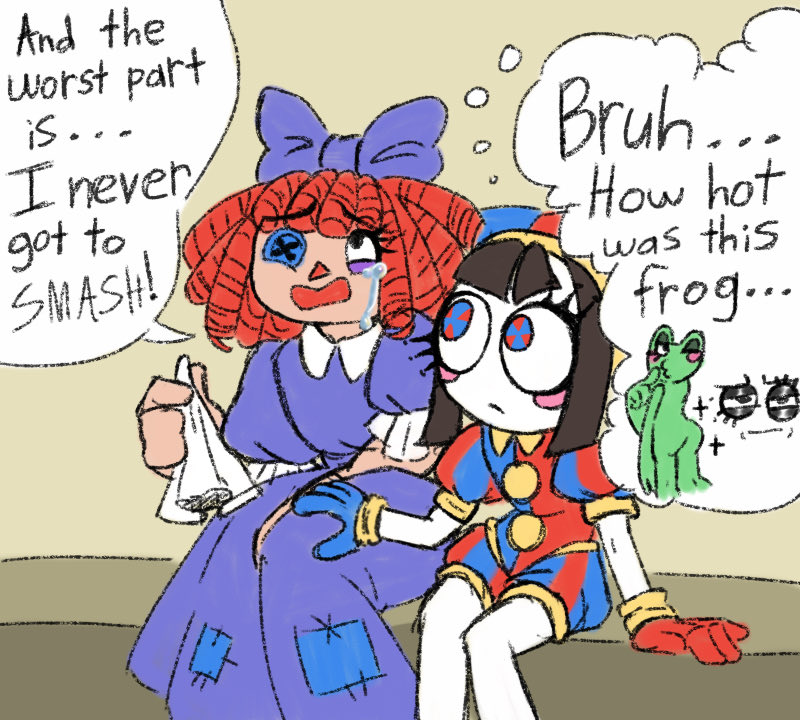 Suureyyy's tweet photo. I always wonder what Ragatha and Ribbits relationship was like…
(Ignore how bad this is, I drew it while waiting in line for carnival rides last night) https://t.co/qMtpRpgM72