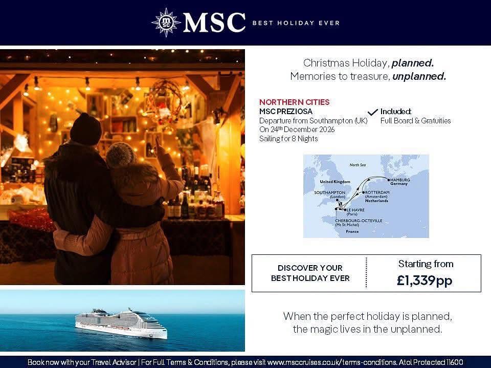 genelopez_1's tweet photo. Sail from Southampton on 24 December 2026 aboard MSC Preziosa. Enjoy 8 nights of festive cruising with full board and gratuities included. From £1, 339pp based on two sharing. https://t.co/p9VzkIlWED