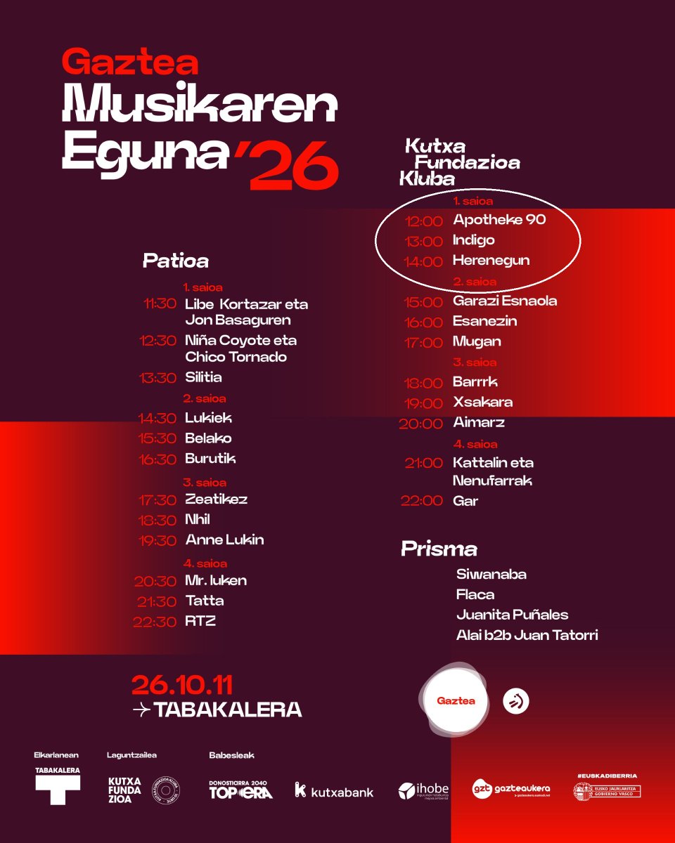 gaztea's tweet photo. 🎶Musikaren Eguneko sarrerak:

2. Blokea: @apotheke90, INDIGO eta @herenegun 

Eskuratu sarrera👇🏼
https://t.co/fIkVskTZ7N https://t.co/rQdt885zU0