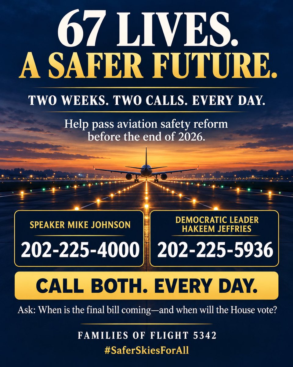 famofflight5342's tweet photo. Today’s call script:

“Please make a strong aviation safety bill a priority and pass it before year’s end. I stand with the Families of Flight 5342.”

Johnson: 202-225-4000
Jeffries: 202-225-5936

Two weeks. Two calls. Every day.
#SaferSkiesForAll https://t.co/QX33QT7MYD