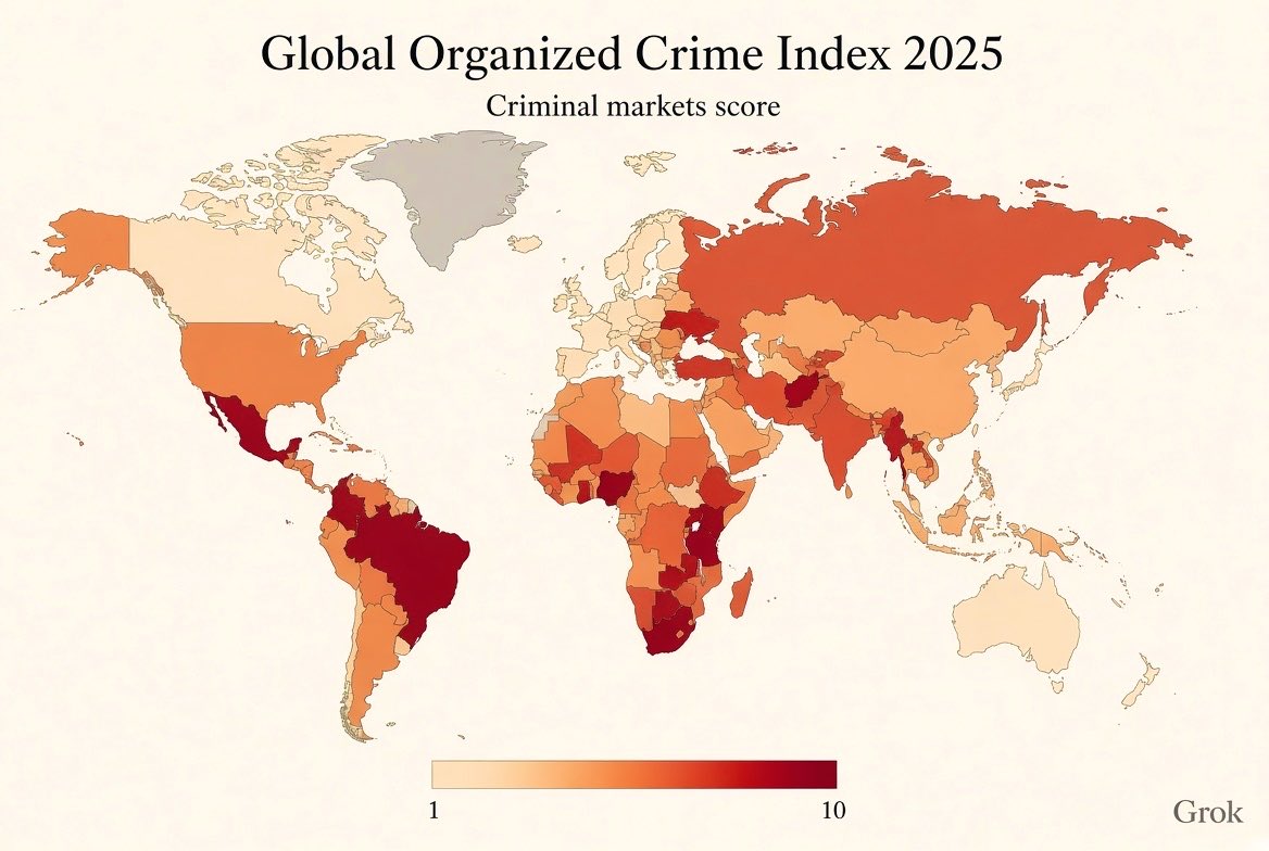 EconomyInformal's tweet photo. Global Organized Crime Index 2025

Criminal Market Scores

1. Mexico🇲🇽
2. Myanmar🇲🇲
3. Colombia🇨🇴
4. Iran🇮🇷
5. Nigeria🇳🇬
6. Kenya🇰🇪
7. Brazil🇧🇷
8. South Africa🇿🇦
9. Ecuador🇪🇨
10. UAE🇦🇪
11. Afghanistan🇦🇫
11. Russia🇷🇺
13. Türkiye🇹🇷
14. Thailand🇹🇭
15. India🇮🇳
18. Paraguay🇵🇾
18. Saudi Arabia🇸🇦
20. China🇨🇳
21. Indonesia🇮🇩
23. Malaysia🇲🇾
26. Pakistan🇵🇰
28. Venezuela🇻🇪
31. Ukraine🇺🇦
35. Peru🇵🇪
38. Tanzania🇹🇿
43. USA🇺🇸
43. France🇫🇷
49. Spain🇪🇸
51. Italy🇮🇹
56. Serbia🇷🇸
57. UK🇬🇧
59. Costa Rica🇨🇷
62. Morocco🇲🇦
62. Belgium🇧🇪
64. Bulgaria🇧🇬
69. Germany🇩🇪
71. Chile🇨🇱
71. Romania🇷🇴
74. Netherlands🇳🇱
82. Israel🇮🇱
83. Egypt🇪🇬
83. Bangladesh🇧🇩
87. Tunisia🇹🇳
89. Poland🇵🇱
89. Ireland🇮🇪
93. El Salvador🇸🇻
95. Bolivia🇧🇴
96. Argentina🇦🇷
101. Greece🇬🇷
106. Croatia🇭🇷
108. Czechia🇨🇿
108. Switzerland🇨🇭
114. Sweden🇸🇪
118. Hungary🇭🇺
127. Latvia🇱🇻
129. Australia🇦🇺
132. Denmark🇩🇰
132. Austria🇦🇹
136. Norway🇳🇴
140. Canada🇨🇦
147. Slovenia🇸🇮
148. Estonia🇪🇪
150. Japan🇯🇵
152. Mongolia🇲🇳
152. New Zealand🇳🇿
159. Korea🇰🇷
162. Uruguay🇺🇾
166. Finland🇫🇮
172. Iceland🇮🇸
173. Luxembourg🇱🇺
193. Nauru🇳🇷

@GI_TOC
