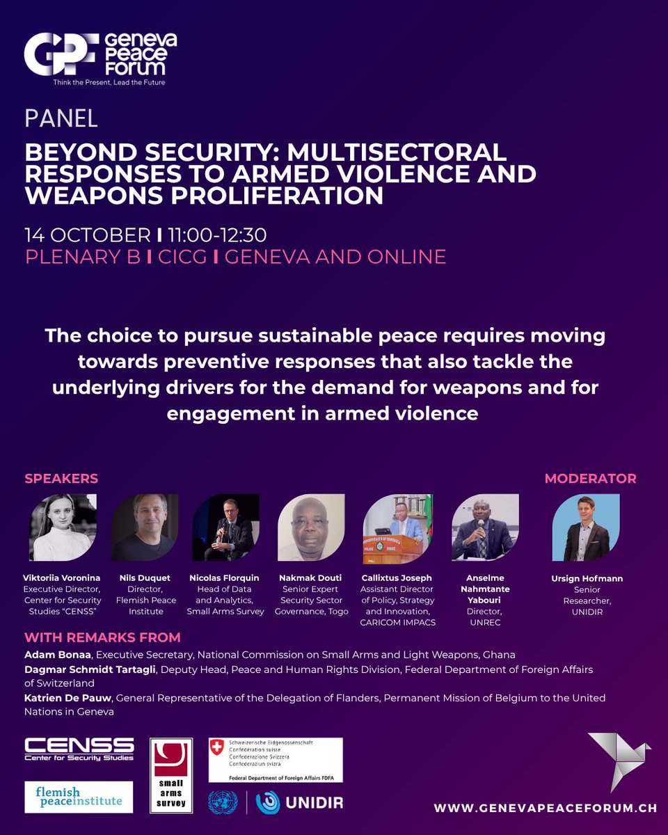 SmallArmsSurvey's tweet photo. Join the Survey, CENSS, @Vredesinstituut, @SwissMFA, & @UNIDIR at #GPF26 on 14 October to discuss how small arms control and preventive initiatives can effectively converge and help bridge policy and grassroots reality. Register here: https://t.co/IzegGrZOum
#ChoosePeace https://t.co/3kxX1mXnLH