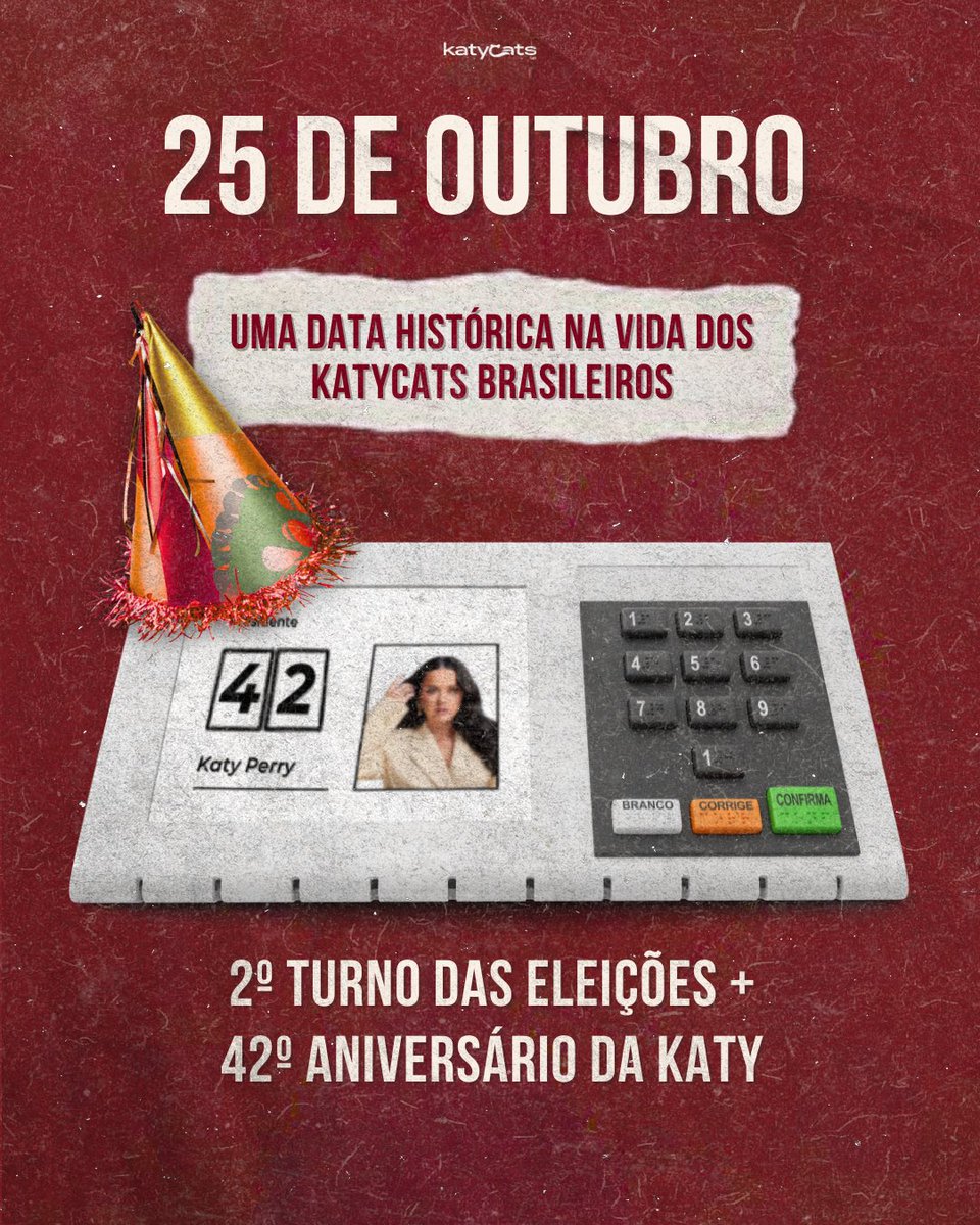 katycatsupdates's tweet photo. 🚨 ALERTA DE CONFLITO DE AGENDA PARA OS KATYCATS BRASILEIROS!

No dia 25 de outubro, temos:

✅ 42 anos de Katy Perry
✅ Segundo turno das eleições
✅ Uma decisão importante para o futuro do Brasil

Brincadeiras à parte, a data também nos lembra que democracia exige participação.

Katy já usou sua plataforma diversas vezes para falar sobre política, direitos e a importância de exercer a cidadania. E, independentemente de quem você apoia, uma coisa é indispensável: conhecer aquilo que você está escolhendo.

Pesquise. Compare. Questione. Confira propostas e histórico.

Depois da urna, o resultado afeta todo mundo.

Feliz aniversário para a Katy, e que façamos a nossa parte 🇧🇷