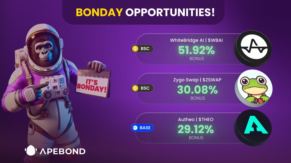 ApeBond's tweet photo. 🦍 Happy Bonday! Big Bonuses deserve the spotlight, and this week’s picks bring some serious opportunities to your Monday. 🔥

🤖 https://t.co/z6vucFivW5
🐸 https://t.co/sK0zQ6vV85
🔵 https://t.co/hJ4GKo3SMs

Pick your Bond and enter below market prices now!