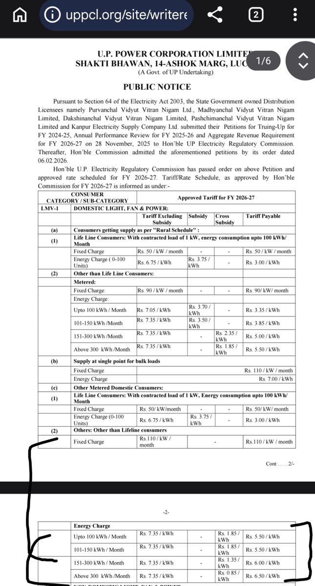 GGuptaBharat's tweet photo. @UPPCLLKO @CMOfficeUP @EMofficeUP @aksharmaBharat @mduppcl See the Tariff order 2026-27 on uppcl webportal. Here Subsidy showing but removed in the bills. https://t.co/Svr6wsNnqj