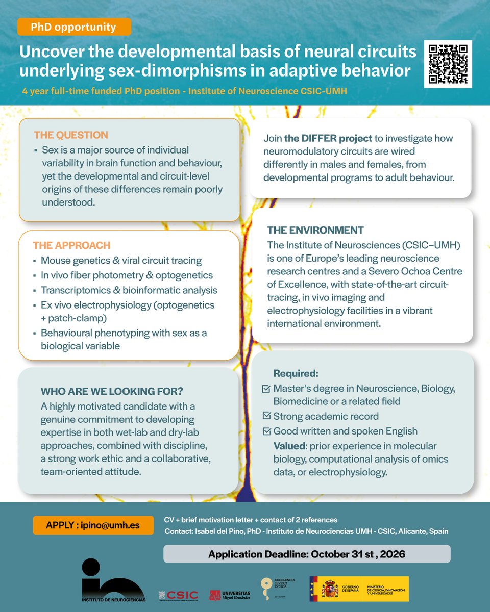NeuroAlc's tweet photo. 🧠 4-year, full-time funded PhD position at the @NeuroAlc to investigate how neural circuits underlying sex differences in adaptive behaviour develop.

Join the @DelPino_lab and the DIFFER project!
📅 Deadline: 31 October 2026👇
https://t.co/PUiceYmnQX https://t.co/WO4TQQQEXJ