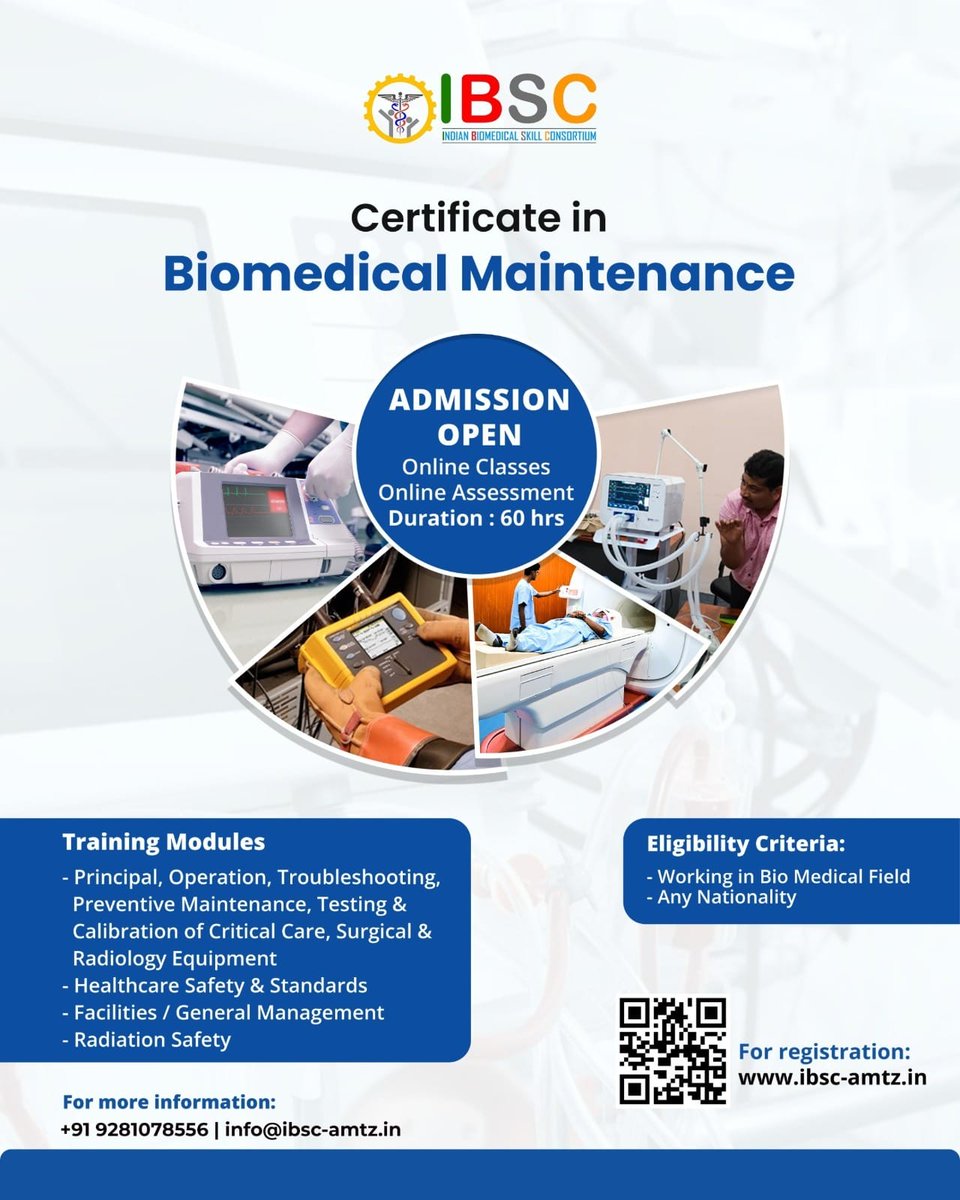 ibsc_skill's tweet photo. ✨Build the expertise to maintain, troubleshoot, test, and calibrate biomedical equipment with @ibsc_skill's Certificate in Biomedical Maintenance.
📅 Starts: 27 Oct 2026
✨Register now: https://t.co/RRKCs3Pr4E
#IBSC #AMTZ #BiomedicalEngineering #MedTech https://t.co/zRc5u7oYsy