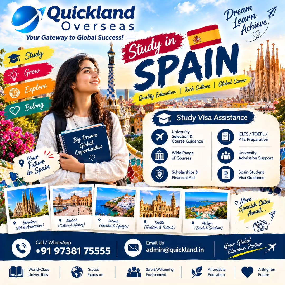 yvonfrantzen's tweet photo. Study in Spain with Quickland Overseas. Get expert support for university selection, admissions, scholarships, test preparation, applications, and student visas. Explore opportunities in Barcelona, Madrid, Valencia, Seville, Málaga and more. DM us https://t.co/tkr2VqMyHG