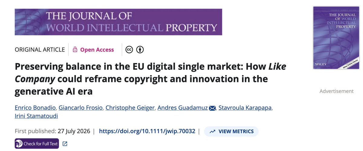 technollama's tweet photo. Our article entitled 'Preserving balance in the EU digital single market: How Like Company could reframe copyright and innovation in the generative AI era' is now published in the Journal of World Intellectual Property. https://t.co/XPrxkld75x https://t.co/CrUFk4lC8W