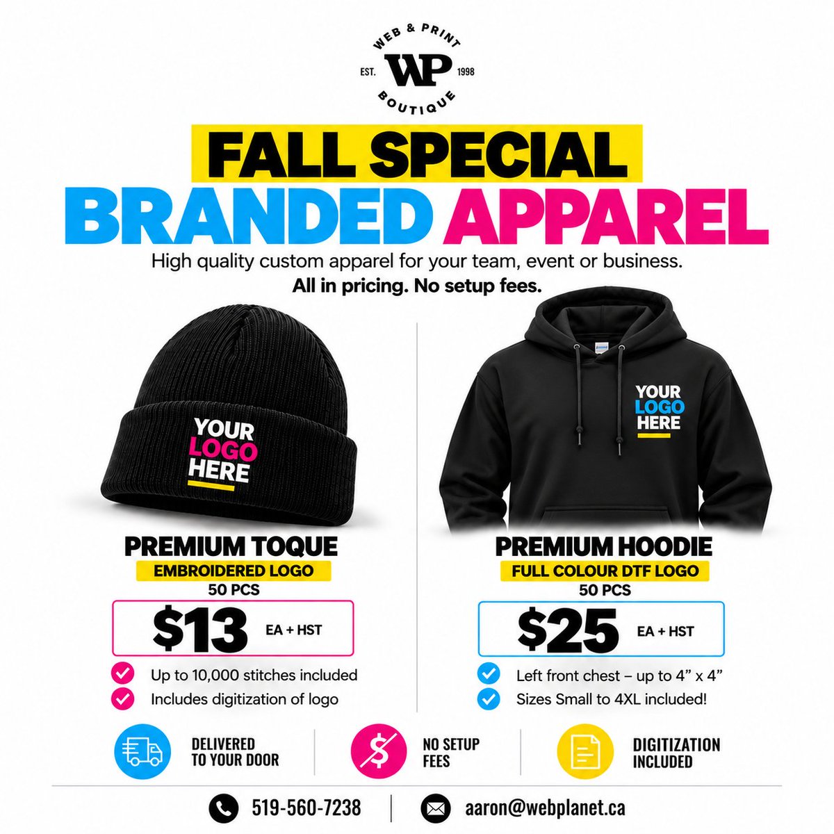 webplanetca's tweet photo. Fall is the perfect time to stock up on branded apparel!

Premium Toques (WeRK1207): $13 ea+HST
50 pcs, embroidered, up to 10K stitches

Premium Hoodies (ATCF2500): $25 ea+HST
50 pcs, full colour DTF logo, up to 4" x 4"
Small-4XL incl.

Contact WP!
519-560-7238
aaron@webplanet.ca https://t.co/IfXhh7unbg