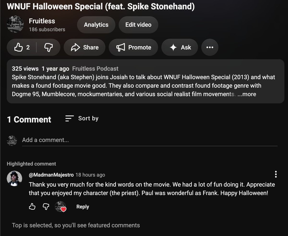 FruitlessMedia's tweet photo. One of the actors from WNUF Halloween Special found @StAdkison and I's episode about the movie from a few years back. Very cool. https://t.co/NX9oPxKRBa