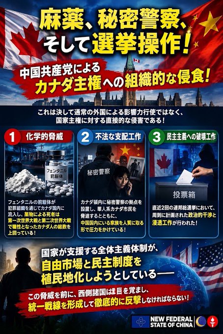 A Japanese propaganda-style poster titled '麻薬、秘密警察、そして選挙操作!' (Drugs, Secret Police, and Election Manipulation!) depicting alleged CCP operations targeting Canadian sovereignty, with the 'NEW FEDERAL STATE OF CHINA' logo at the bottom.