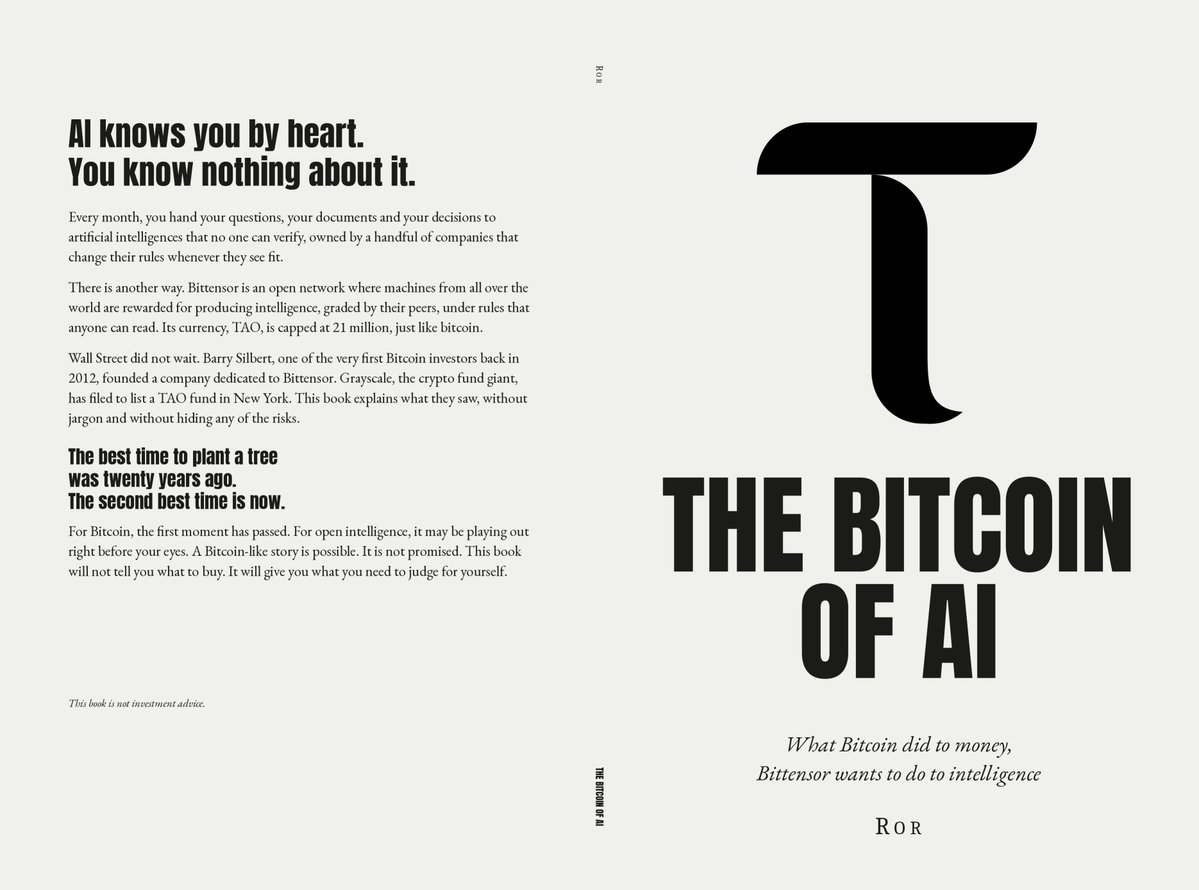 rocp34's tweet photo. In 2015, Bitcoin was right there, in front of me.
I ran into it ten times. I never stopped. Like everyone else, I shrugged, and I let it go by.

The hard part was not understanding Bitcoin. 
The hard part was stopping for it. Giving it an hour, a page, one real try. The people who got it were not smarter. They had tried.

Eleven years later, I feel the exact same thing about Bittensor. A network where artificial intelligence belongs to no one, where the rules are public, and whose currency is capped like bitcoin. All around me, the same "this is too complicated for me."

This time, I stopped for it. And I wrote the book that lets you do the same in a weekend.

I wrote it for people who know nothing about any of this. Every technical word explained once, in one sentence. A city, its districts, its craftsmen and its jury to understand the machine without a single diagram. And the risks as a whole part of the book, not a footnote.

It will not tell you what to buy. It predicts nothing. It gives you what you need to judge for yourself.

"The Bitcoin of AI" is out October 12 on Amazon, in English and in French.

If someone around you says "I don't get any of this," I wrote it for them.

In 2015, nobody handed me this book.
In 2026, I am handing it to you.