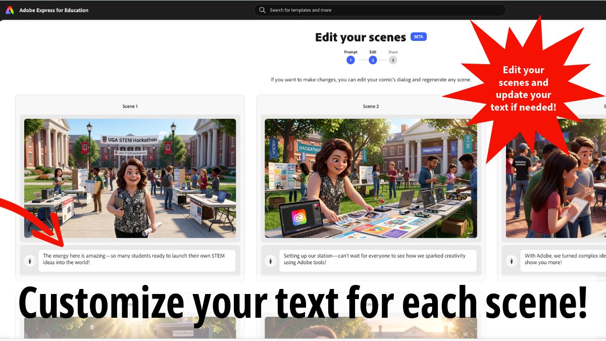 annkozma723's tweet photo. Have you tried the Comic strip maker inside @AdobeExpress for Education? Endless possibilities!

Launch the feature, enter your prompt, determine your characters (pro-tip: take your selfie to personalize!) and customize the scenes! Make it uniquely yours! ♥️

#AdobeEduCreative https://t.co/PC3fiiJWQ4