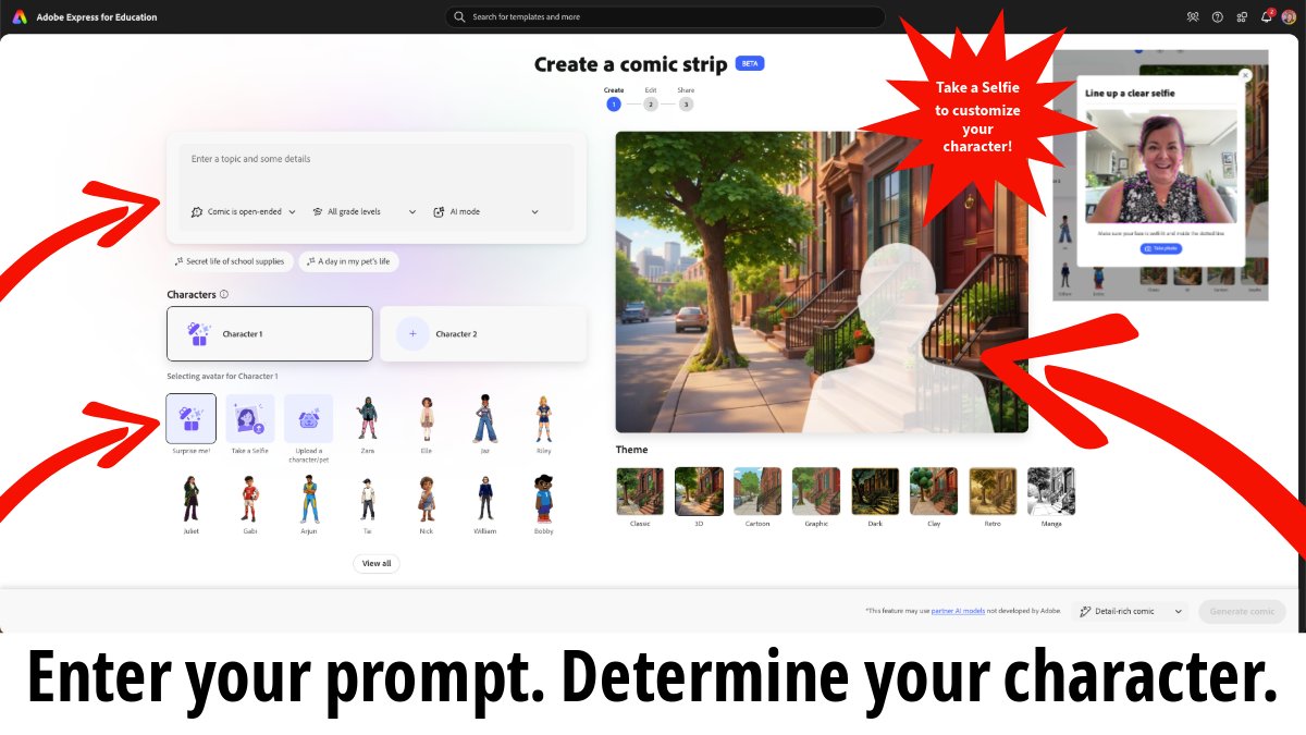 annkozma723's tweet photo. Have you tried the Comic strip maker inside @AdobeExpress for Education? Endless possibilities!

Launch the feature, enter your prompt, determine your characters (pro-tip: take your selfie to personalize!) and customize the scenes! Make it uniquely yours! ♥️

#AdobeEduCreative https://t.co/PC3fiiJWQ4
