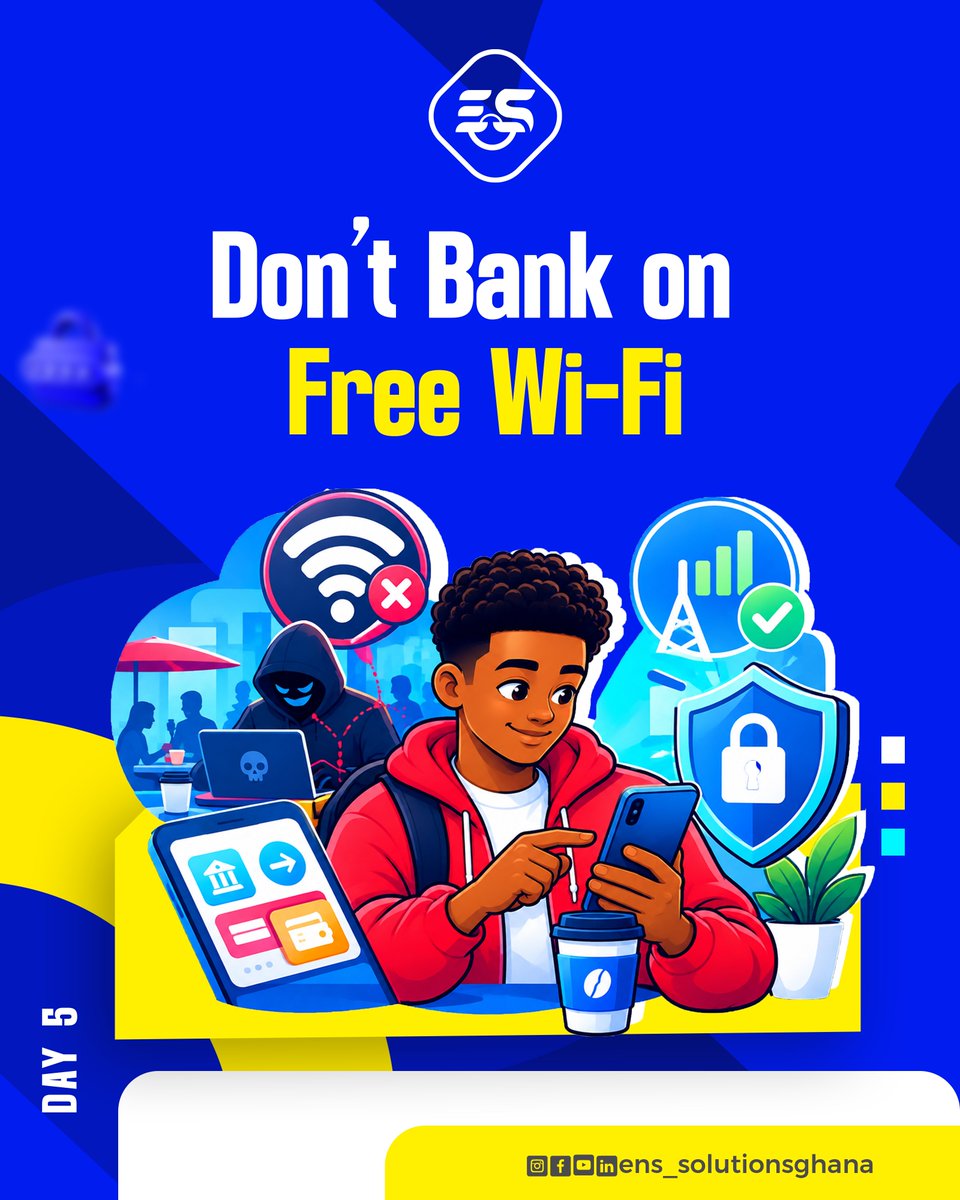 ens_solutionsgh's tweet photo. When executing MoMo transfers or checking bank balances resist using open, unencrypted Wi-Fi networks in public places. We recommend cellular data.

 Save this post for your next trip out!

#PublicWiFiAlert #MobileBankingSafety #NCSAM2026 https://t.co/VbfgyfqJAt