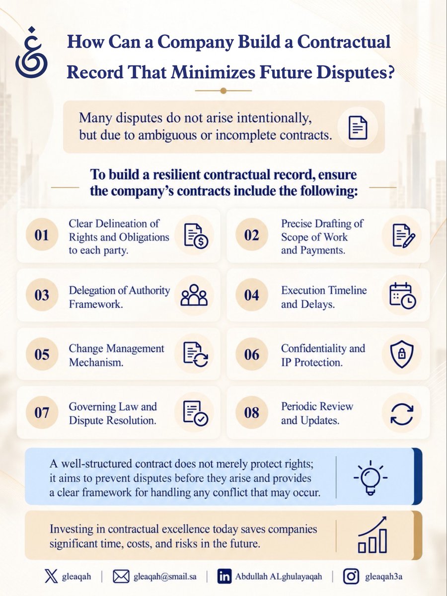 gleaqah's tweet photo. 📑 How Can a Company Build a Contractual Record That Minimizes Future Disputes ?!
#Contracts | #RiskManagement | #LegalPractice https://t.co/DinNo51cgL