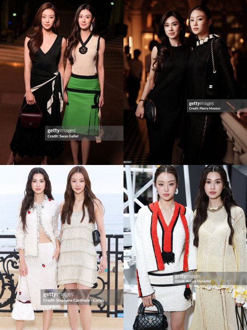A collage of four fashion show photos featuring pairs of female models posing in chic outfits at what looks like a high-profile event, with Getty Images watermarks visible.