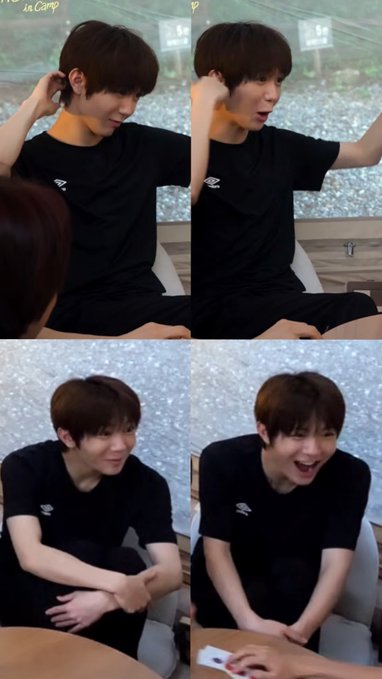 A four-image grid of a young man with brown hair in a black t-shirt, showing him laughing, talking on a phone, and smiling in various poses.