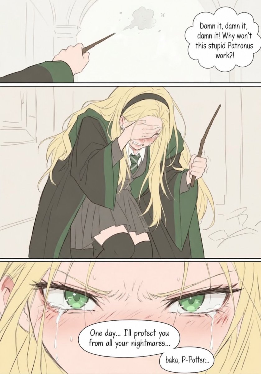 ArchieS84955476's tweet photo. Malfoid thoughts:
- Damn it, damn it, damn it! Why won't this stupid Patronus work?! One day... I'll protect you from all your nightmares... baka, P-Potter...

She can't spell Patronus bc she doesn't have good memories...

Sorry, I must repost this work again.

#Malfoid #Malfoy https://t.co/rmzuZ5f8Dl