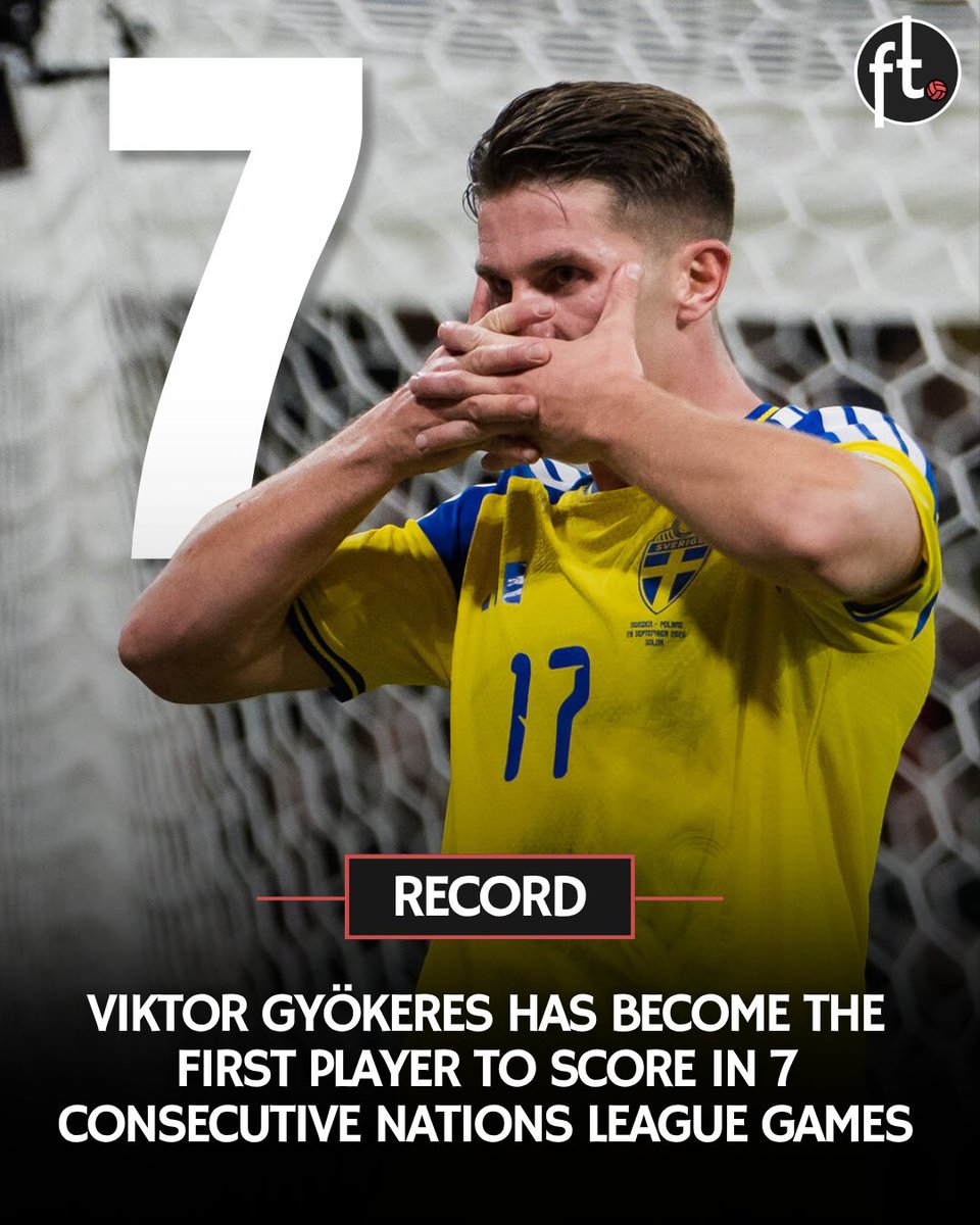 Footballtweet's tweet photo. 🚨 𝗥𝗘𝗖𝗢𝗥𝗗: Viktor Gyökeres has become the first player to score in 7 consecutive UEFA Nations League games.

⚽ vs. Romania 🇷🇴
⚽ vs. Bosnia 🇧🇦
⚽ vs. Poland 🇵🇱
⚽ vs. Romania 🇷🇴
⚽⚽⚽⚽ vs. Azerbaijan 🇦🇿
⚽ vs. Slovakia 🇸🇰
⚽ vs. Estonia 🇪🇪 https://t.co/k1qHEUaCvX