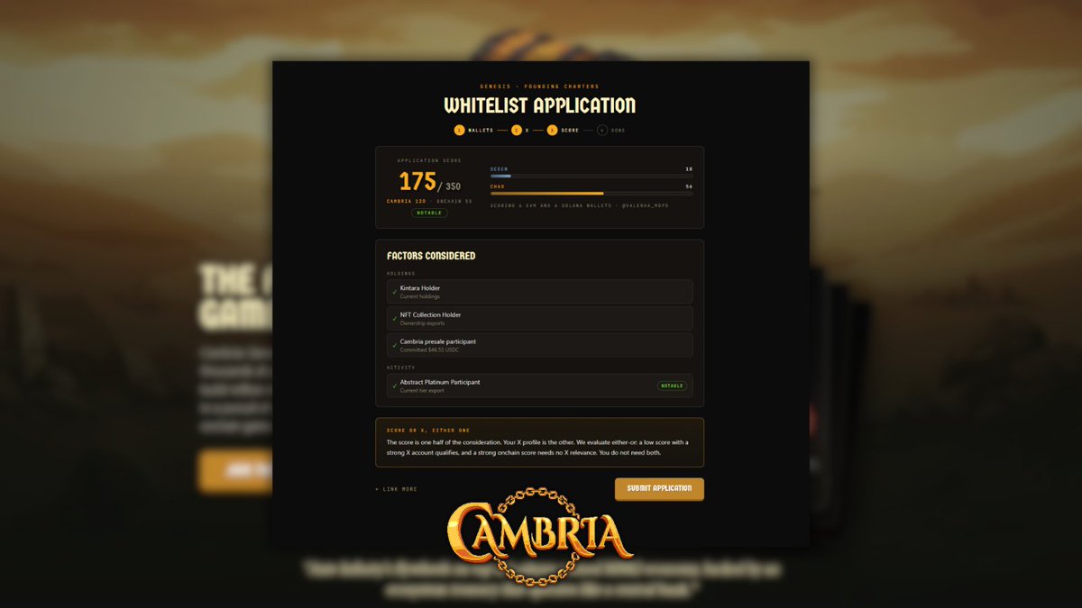 valerka_mops's tweet photo. This month is gonna be huge in terms of events

Especially for @playcambria 👀

The game is getting prepared for $RSGP TGE & the transition from the Gold Rush model to a persistent world & economy outside of the seasonal structure

In less than 2 days, the Founding Charters mint starts. All you need to know about it & how to apply for WL spot below 👇

- 4096 Founding Charters minted on ETH. 3584 allowlist + 512 invitation only (Viceroys)

- 1 Charter = 1 Citizen seat. More Charters = more exposure to the economy

- Holders get higher risk limits, T4+ Zones/Outlands access, NFT loot, Royal Favor & Charter yield venues

- Only Citizens can convert Royal Favor to RSGP

- Charters can be delegated to give someone temporary citizenship

- Each Charter gets unique traits: house, number, designation, home city & affinity

- Founding Charters get first access to future voyages & help seed future Charter issuance

- New Charter creation later requires burning Royal Favor + Silver

- Mint proceeds go into the Treasury & RSGP fund, helping bootstrap the economy

TL;DR: Founding Charters are the premium access layer to Cambria's full economy, governance & yield system

You can apply for a WL spot by the link in the comments below, but don't hesitate, do it now! Add your EVM wallets + X account & just pray

Ngl, this sounds gud. Long live Cambria 🔥